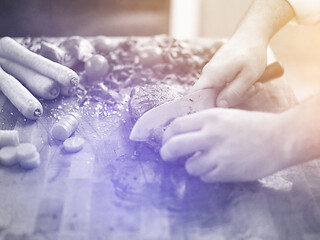 Image showing closeup of Chef hands preparing beef steak