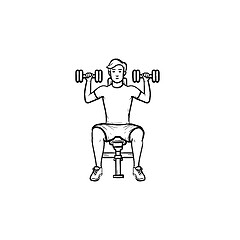 Image showing Young man with dumbbells hand drawn outline doodle icon.