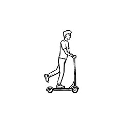 Image showing Man on kick scooter hand drawn outline doodle icon.