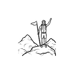 Image showing Climber with flag standing on mountain top hand drawn outline doodle icon.