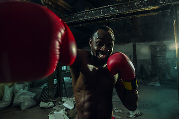 Image showing Hand of boxer over black background. Strength, attack and motion concept