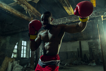 Image showing Hand of boxer over black background. Strength, attack and motion concept