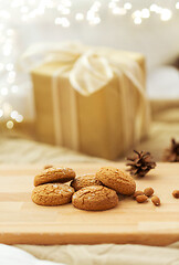 Image showing close up of oatmeal cookies on wooden table