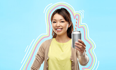 Image showing happy asian woman with can drink