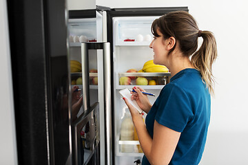 Image showing woman making list of necessary food at home fridge