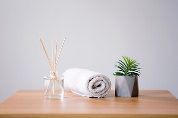 Image showing aroma reed diffuser, bath towel and succulent