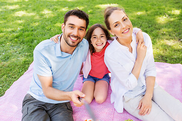 Image showing family having picnic and taking selfie at park