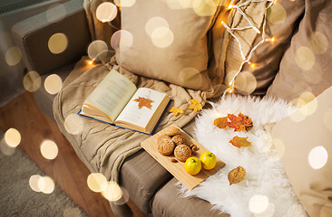 Image showing lemons, book, almond and oatmeal cookies on sofa