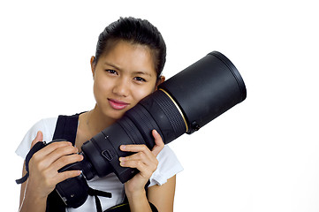 Image showing asian woman with cam and tele