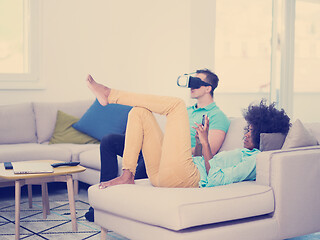 Image showing Multiethnic Couple using virtual reality headset