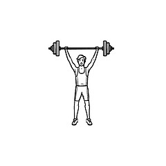 Image showing Sportsman with heavyweight barbell hand drawn outline doodle icon.