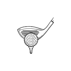 Image showing Golf club and ball on tee hand drawn outline doodle icon.