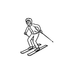 Image showing Skier skiing downhill hand drawn outline doodle icon.