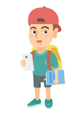 Image showing Caucasian schoolboy holding cellphone and textbook