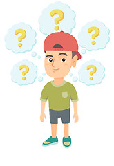 Image showing Thinking caucasian boy with question marks.