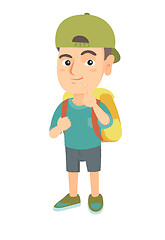 Image showing Caucasian little boy with school bag thinking.