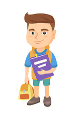 Image showing Caucasian pupil with backpack and textbook.