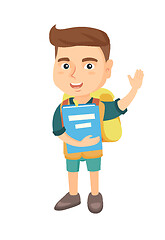 Image showing Schoolboy holding a book and waving his hand.