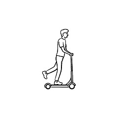 Image showing Man on kick scooter hand drawn outline doodle icon.