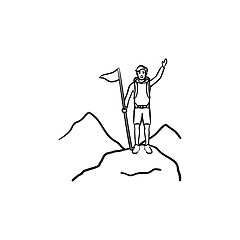 Image showing Climber with flag standing on mountain top hand drawn outline doodle icon.