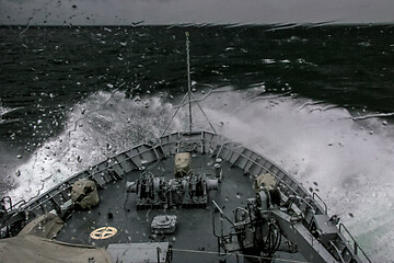 Image showing NATO military ship at sea during a storm.