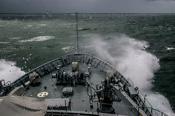 Image showing NATO military ship at sea during a storm.