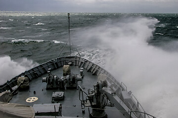 Image showing NATO military ship at sea during a storm.