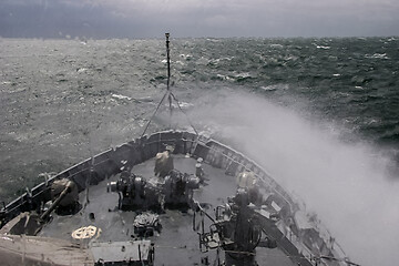 Image showing NATO military ship at sea during a storm.