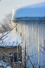 Image showing Roof with icicles hanging from roof.