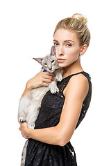 Image showing Beautiful girl with oriental siam cat