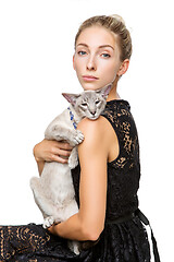 Image showing Beautiful girl with oriental siam cat