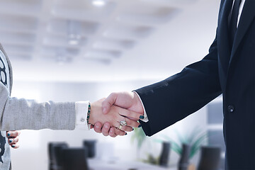 Image showing Businessman and businesswoman shaking hands after meetup