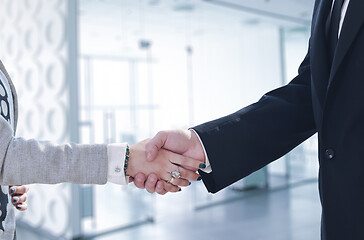 Image showing Businessman and businesswoman shaking hands after meetup