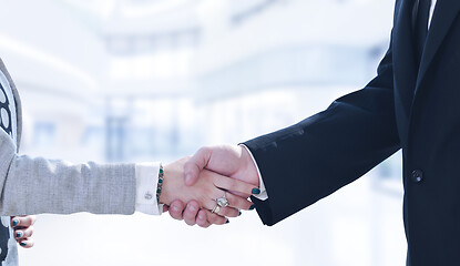 Image showing Businessman and businesswoman shaking hands after meetup