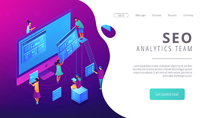 Image showing Isometric SEO analytics team landing page.