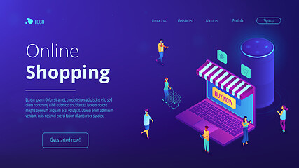 Image showing Isometric online shopping and voice assistant landing page.