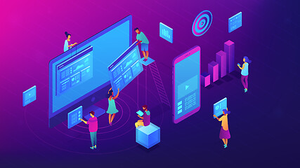 Image showing Isometric content marketing team illustration.