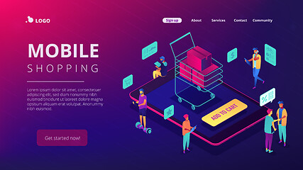 Image showing Isometric mobile shopping and buying landing page.