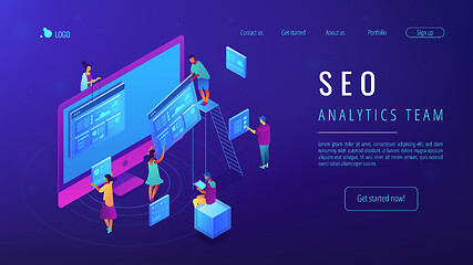 Image showing Isometric SEO analytics team landing page.