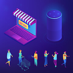 Image showing Online shopping and buying with smart speaker isometric set.