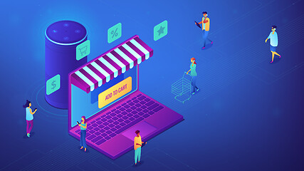 Image showing Isometric online shopping and smart speaker illustration.