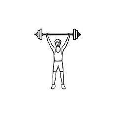 Image showing Sportsman with heavyweight barbell hand drawn outline doodle icon.