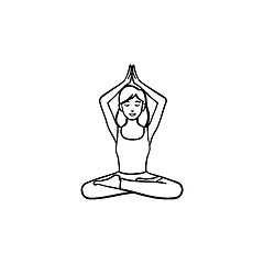 Image showing Girl in lotus pose with her hands up hand drawn outline doodle icon.