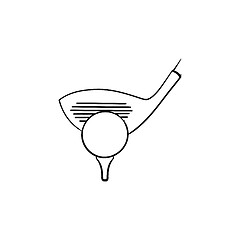 Image showing Golf club and ball on tee hand drawn outline doodle icon.