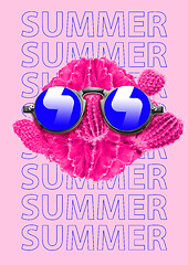 Image showing Lets go to the beach party. Sunglasses and a cactuses are stacked as a happy human face. Summer vacantion concept. Modern design. Contemporary art collage.