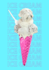 Image showing Unusual ice cream. Tasty desert in a form of dog head. Summer concept. Modern design. Contemporary art collage.