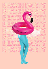 Image showing Lets go to the beach party. Woman legs and swimming circle in the form of flaminco as a body. Summer vacantion concept. Modern design. Contemporary art collage.