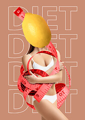 Image showing Diet concept. Girl with lemon instead of head. Modern design. Contemporary art collage.