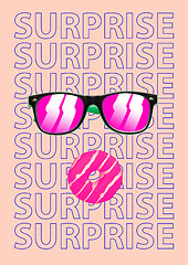 Image showing Wow. Sunglasses and a donut are stacked as a surprised human face. Facial emotions concept. Modern design. Contemporary art collage.