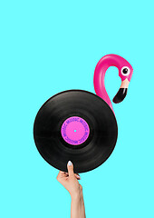 Image showing Let\'s take a music break. Flamingo with vinyl record as a body and hand as legs. Modern design. Contemporary art collage.